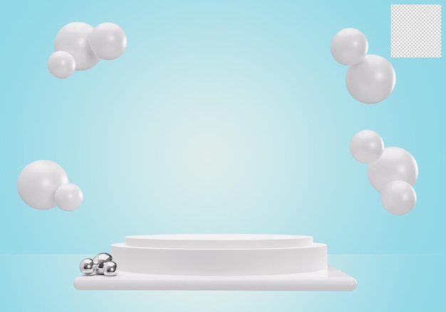 Pódio de produto branco com design de bolo e balão em fundo azul para apresentação do produto