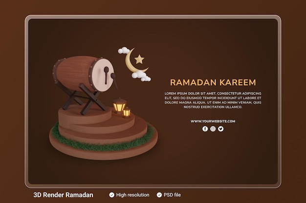 Pódio de ramadan kareem de ilustração 3d com ornamentos crescentes islâmicos