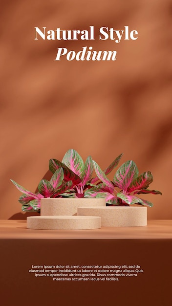 Pódio de textura de cor marrom terrazzo 3d renderização maquete em retrato com planta vermelha aglaonema