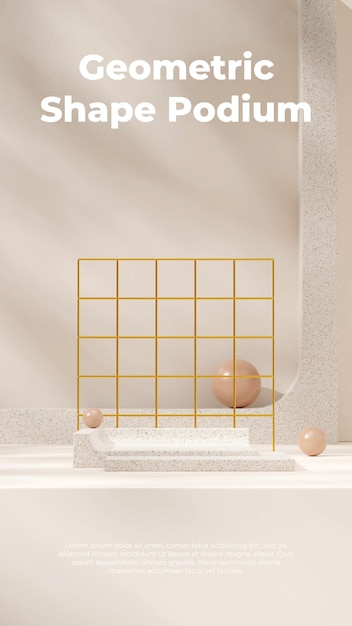 pódio de textura de terrazzo em retrato com grade de ouro e maquete de modelo de renderização 3d esfera marrom
