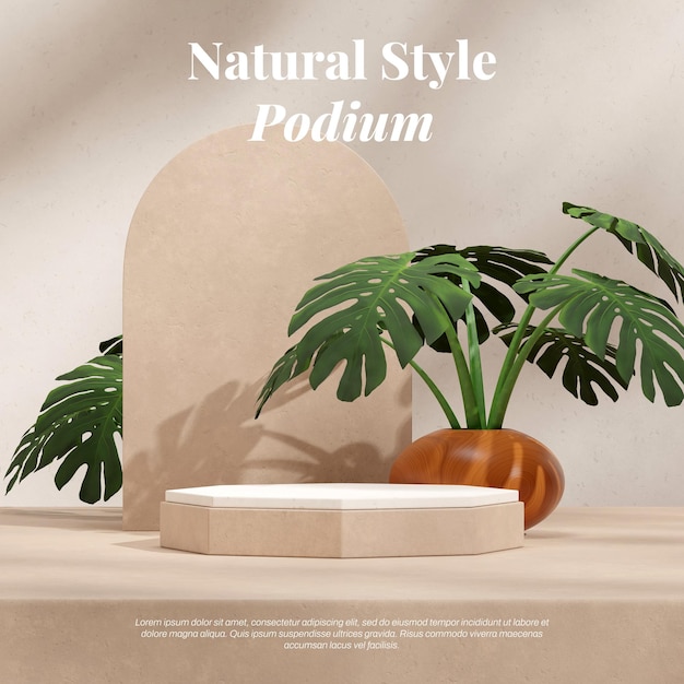 pódio de textura marrom e branca áspera na praça monstera deliciosa em maquete de cena de renderização 3D de pote