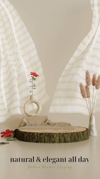 Pódio de tronco natural com flores e cortinas para apresentação do produto