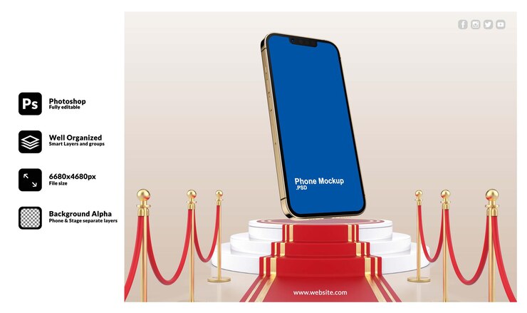Podio del tappeto rosso reale reso realistico 3d per il modello del telefono Psd Premium
