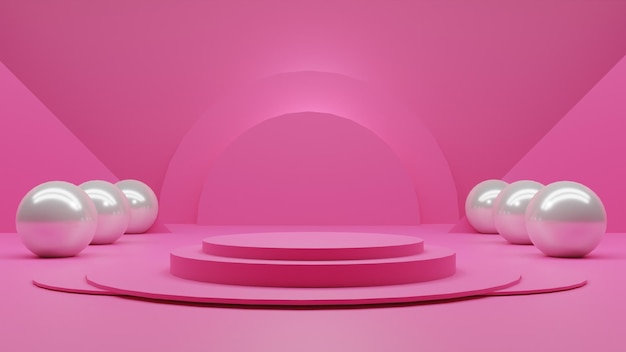 Podio di rendering 3D con palline su sfondo rosa