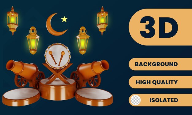 Pódio do ramadã 3d com ilustração de tambor e cânone e lanterna