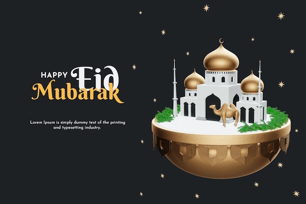 Podio Eid Mubarak con mezquita y camello en la página de inicio 3d de la noche