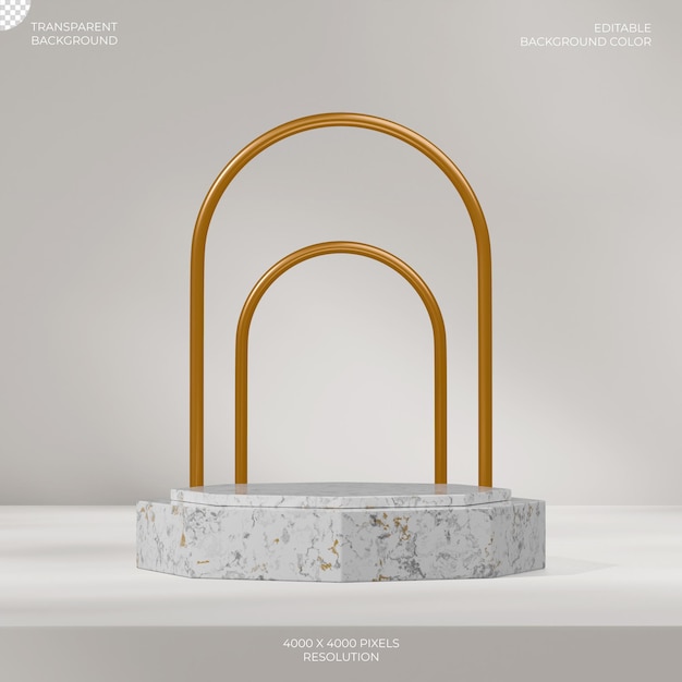 podio esagonale di marmo bianco in arco d'oro quadrato rendering 3D di sfondo trasparente