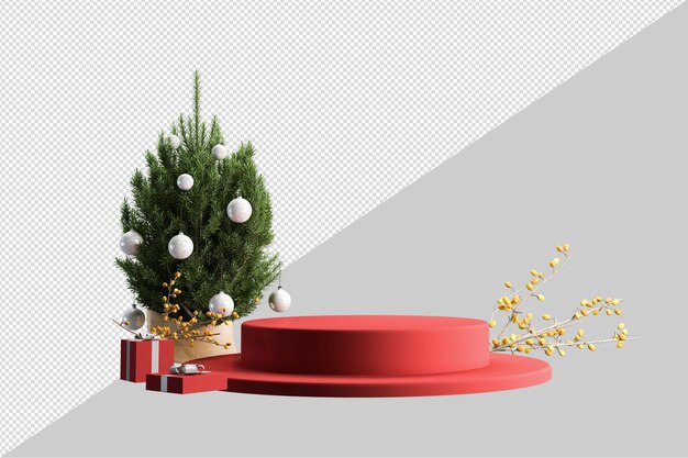 Podio de exhibición de producto blanco en el árbol de navidad en la sala de estar