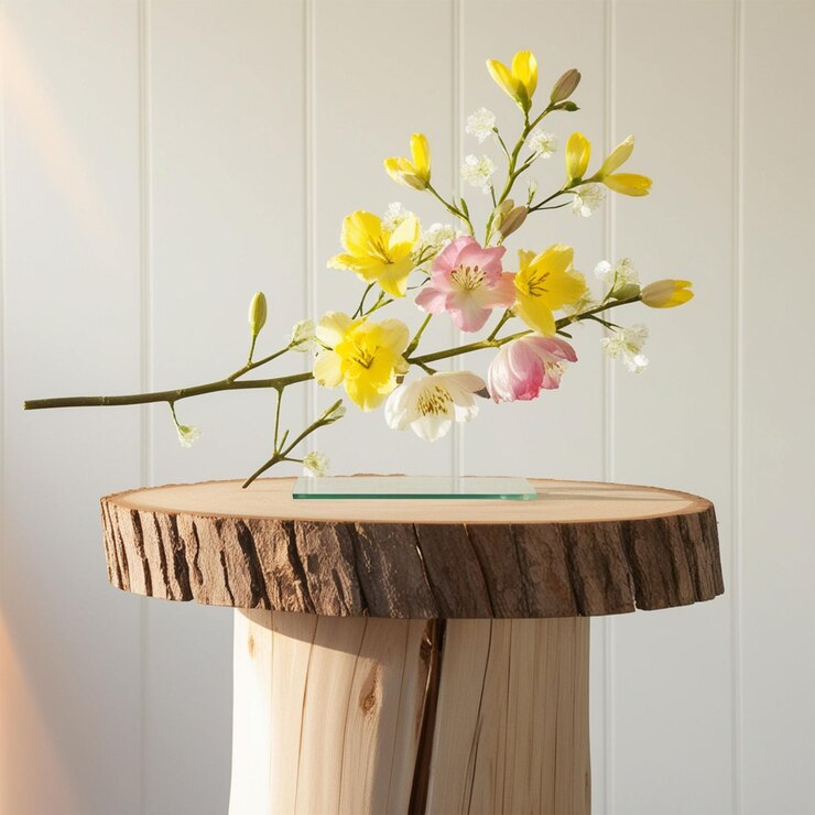 PSD un podio para exhibir productos de primavera plataforma de rodaja de madera y rama de flores de primavera