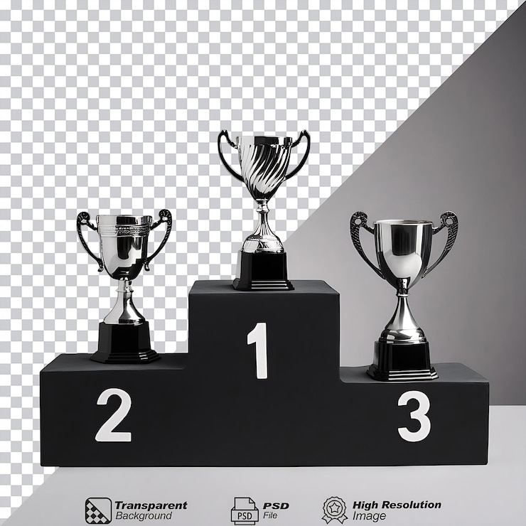 PSD podio de los ganadores negros con copas de trofeo aisladas sobre un fondo transparente