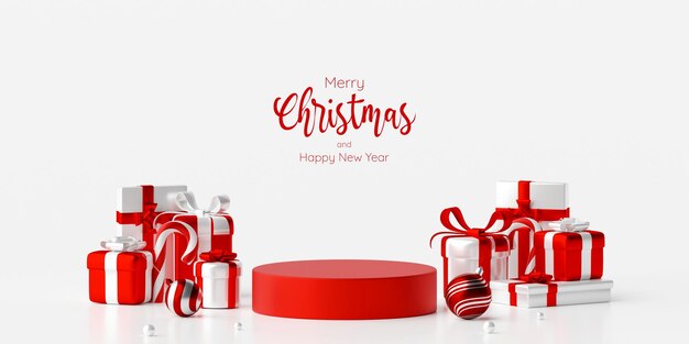 Podio geométrico con regalo de Navidad para publicidad de productos, ilustración 3d