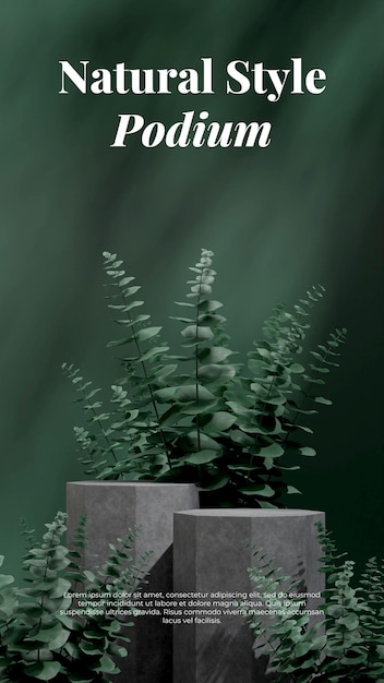 Podio de hormigón con hojas de eucalipto verde Plantilla de maqueta de renderizado 3d en diseño vertical