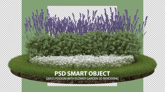 Podio in erba realistico con giardino fiorito rendering 3d di oggetti isolati