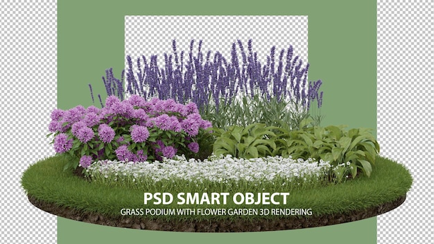Podio in erba realistico con giardino fiorito rendering 3d di oggetti isolati