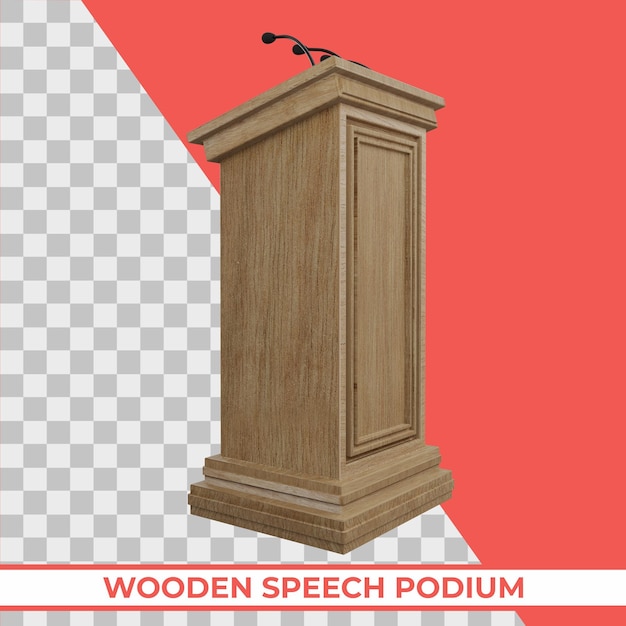 Podio in legno con tre piccoli microfoni attaccati su un rendering 3D isolato