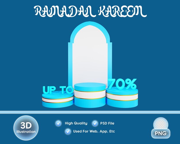 Podio islamico del Ramadan con testo fino al 70 percento di illustrazione 3D