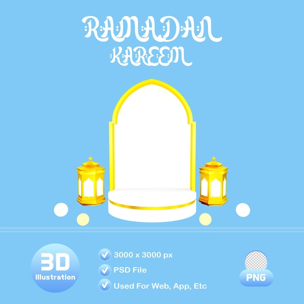 Pódio islâmico do ramadã com ilustração 3d da lanterna