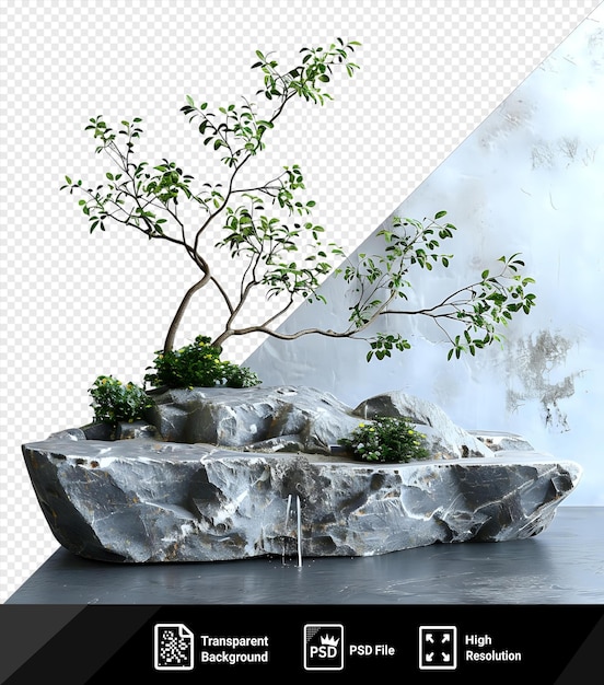 PSD podio de losas de roca aislado con ramas de plantas hojas y piedras naturales en un piso brillante contra una pared gris y blanca con un pequeño árbol en el fondo png