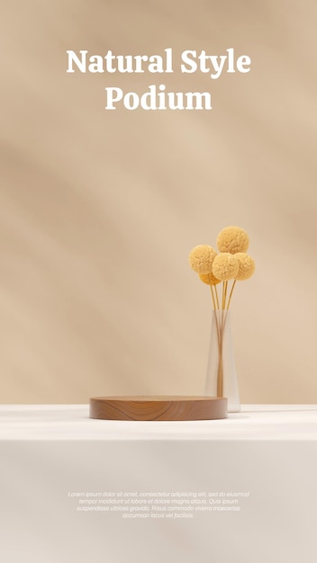 podio de madera de cilindro redondo en mimosa amarilla vertical y jarrón de vidrio imagen 3D render escena vacía