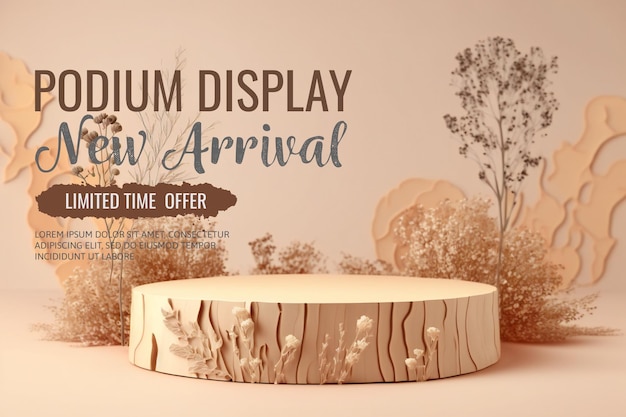 PSD podio de madera elegante y natural con hojas, maqueta de exhibición de escenario para presentación de productos