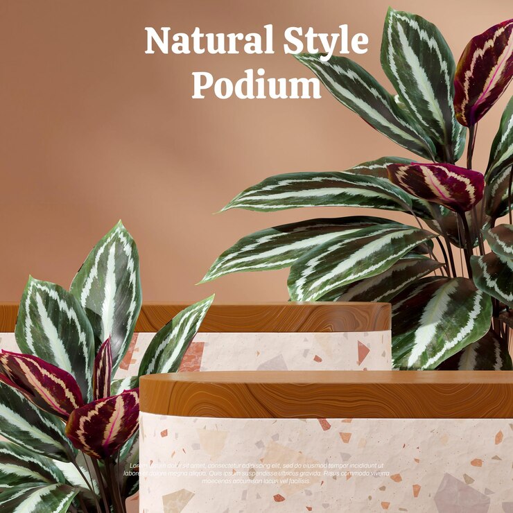 PSD podio de madera y terrazo de espacio vacío en pared cuadrada marrón y planta de calathea imagen de presentación 3d