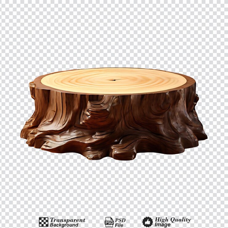 PSD podio de madera de tronco de árbol aislado sobre un fondo transparente
