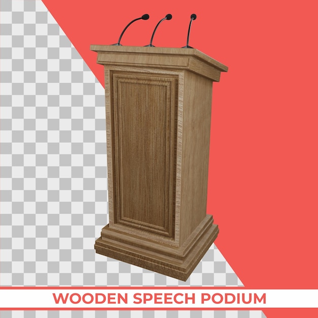 Podio de madera para voz con tres pequeños micrófonos conectados a un render 3D aislado