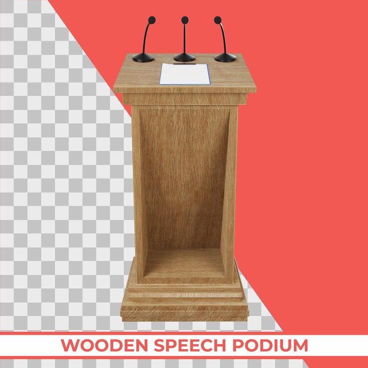 PSD podio de madera para voz con tres pequeños micrófonos conectados a un render 3d aislado