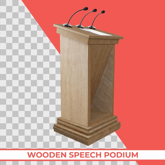 PSD podio de madera para voz con tres pequeños micrófonos conectados a un render 3d aislado