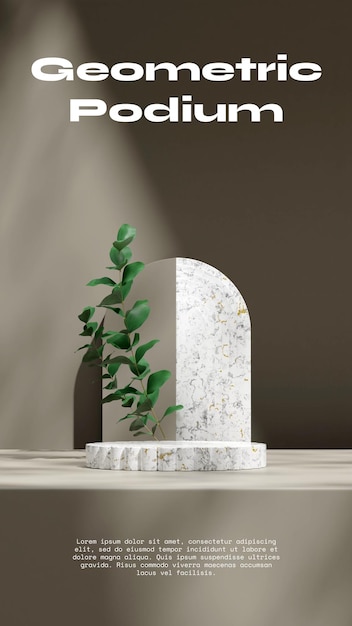 Podio de mármol de pilar blanco en retrato de hoja verde y arco gris 3d render escena vacía