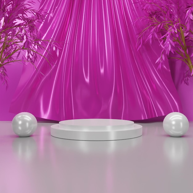 Podio metálico blanco de renderizado 3D realista con fondo de cortina rosa