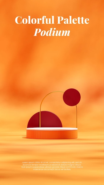 podio naranja superior blanco en arco de oro vertical y círculo rojo oscuro imagen 3d render espacio en blanco