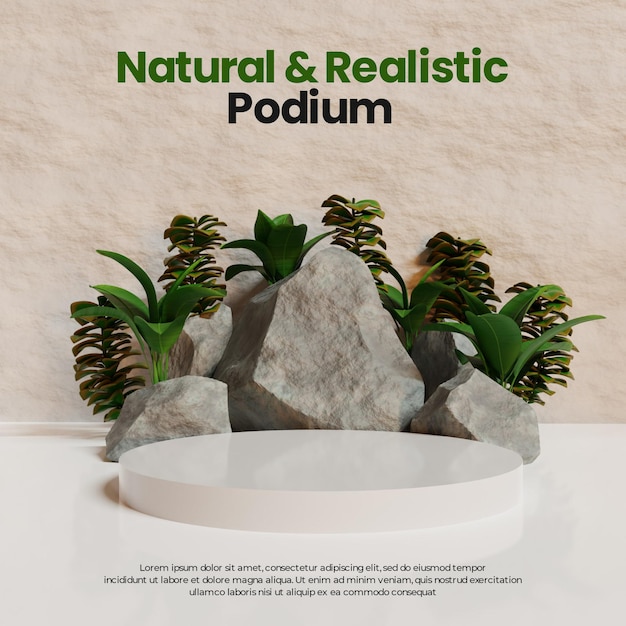 Podio natural realista con piedra y planta.