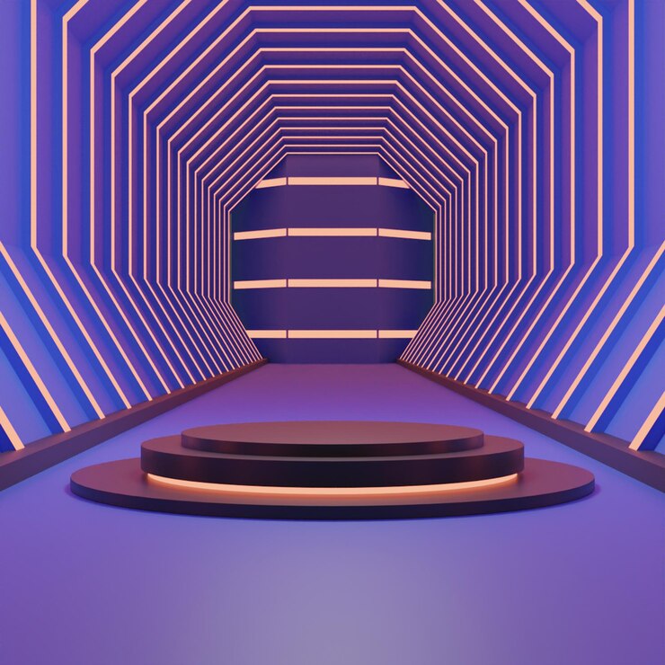 PSD podio nero del corridoio di rendering 3d su sfondo viola