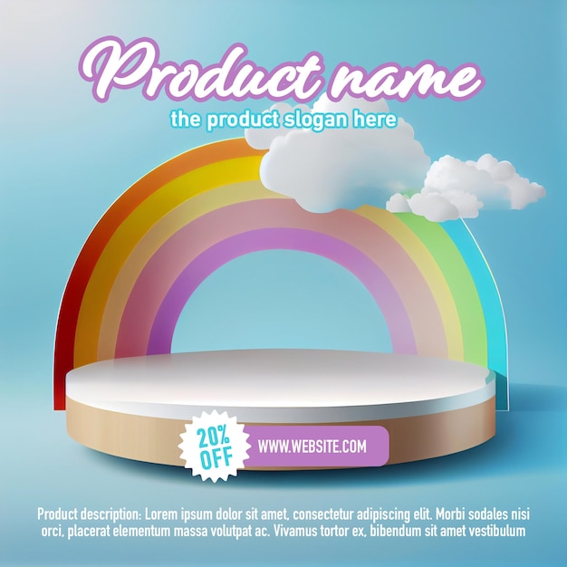Podio o plataforma de arco iris para exhibición de presentación de productos con nubes Plantilla PSD