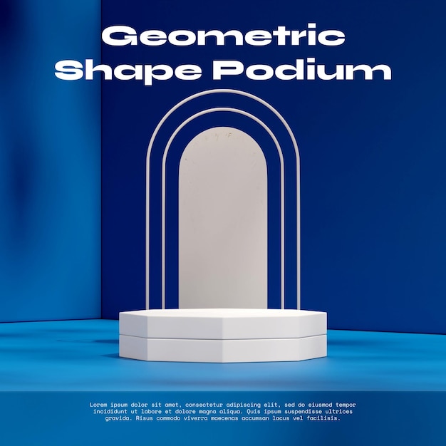 podio octogonal blanco en pared azul cuadrada y espacio de maqueta de renderizado 3D de arco blanco