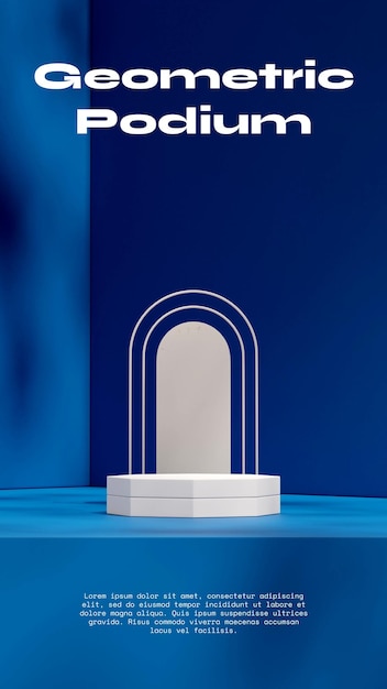 podio octogonal blanco en pared azul vertical y espacio de maqueta de renderizado 3D de arco blanco