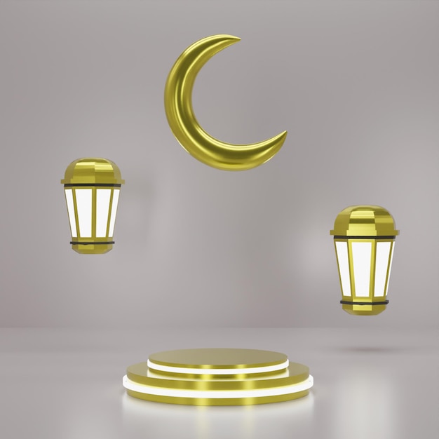 Podio de oro de renderizado 3D con linterna de ramadán de oro