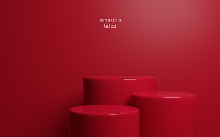 PSD podio de pedestal de cilindro rojo 3d realista con sombra aislada sobre fondo rojo
