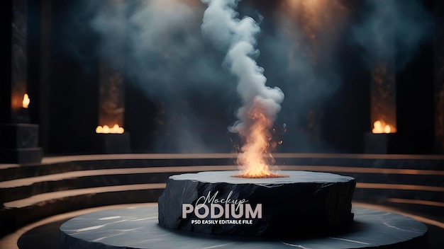 PSD podio de piedra de mármol redondo oscuro junto a un ambiente cinematográfico lleno de humo