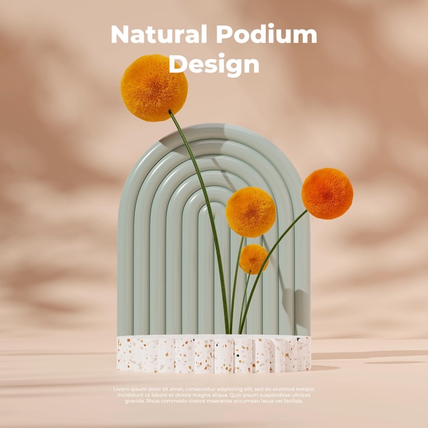 Podio de producto de plantilla de representación 3D en cuadrado con mimosa amarilla y fondo marrón claro