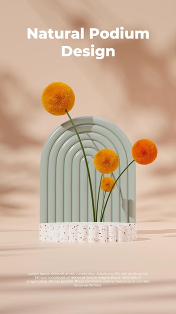 Podio de producto de plantilla de representación 3D en retrato con mimosa amarilla y fondo marrón claro