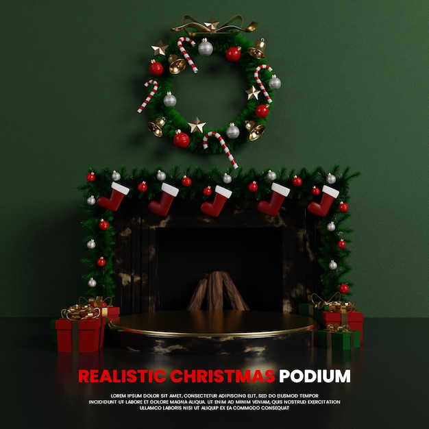 Pódio realistic natal interior com lareira