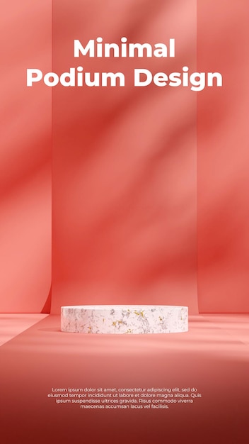 Podio redondo de mármol blanco en retrato escena roja pared y piso maqueta de escena de representación de imagen 3d