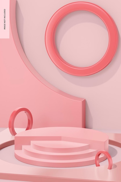 Podio redondo rosa brillante con escaleras y maqueta de fondo