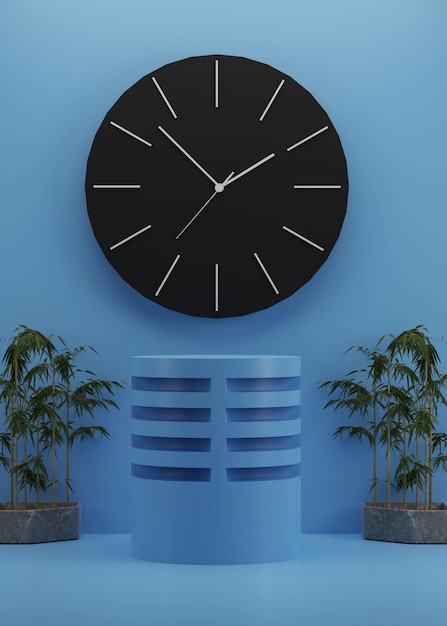 Podio renderizado en 3D con reloj de pared para presentación del producto
