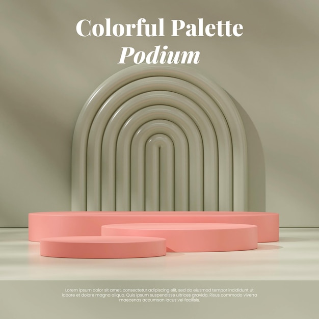 Podio rosa brillante en cuadrado con arco verde ébano y maqueta de escena de representación de imagen 3D de pared
