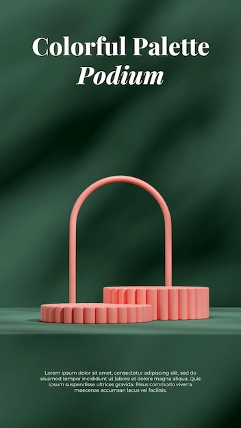 Podio rosa brillante en retrato con arco y maqueta de escena de renderizado 3d de fondo de pared verde profundo