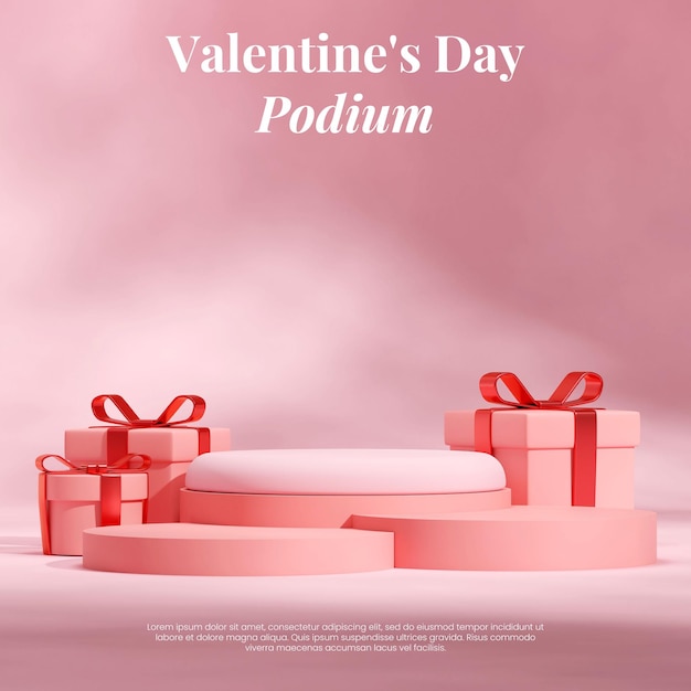 podio rosa en cuadrado con rosas y caja de regalos en forma de corazón plantilla de maqueta de renderización de imagen 3D