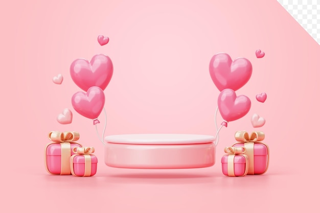 Podio rosa del día de san valentín con corazón de globo y fondo de caja de regalo Ilustración 3D presentación de escena de exhibición vacía para colocación de producto